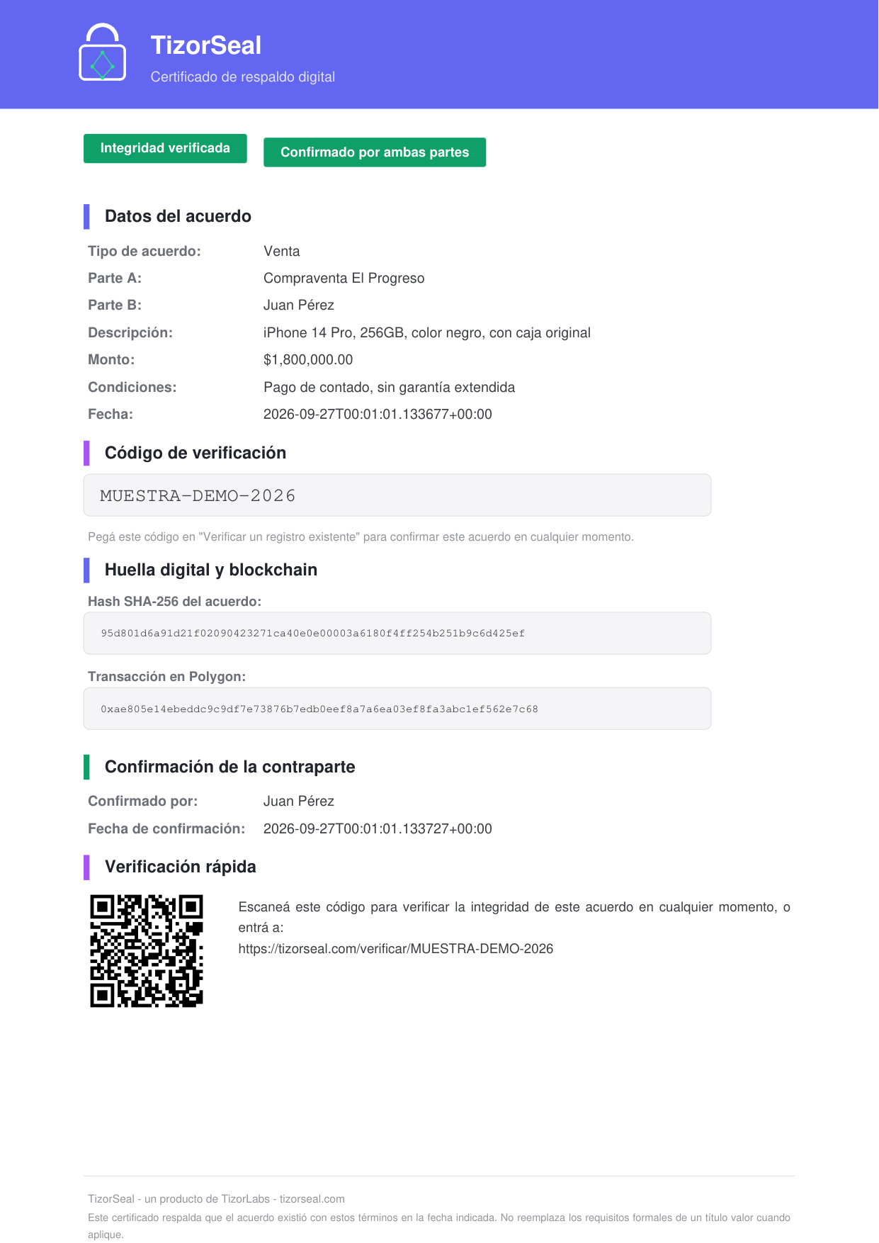 Ejemplo de certificado de TizorSeal